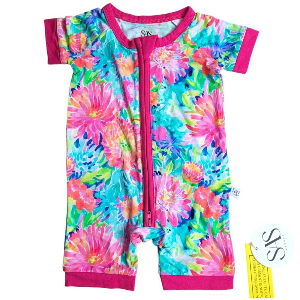 NEW SAS Bamboo Baby Girls Shortie One Piece Floral Lovely Lily Zip Romper 0-3 Mo